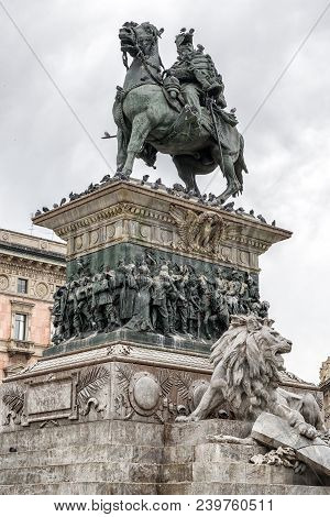 Milan, Italy - April 15: Tatue Of Vittorio Emanuele Ii In Piazza Del Duomo On April 15, 2018 In Mila
