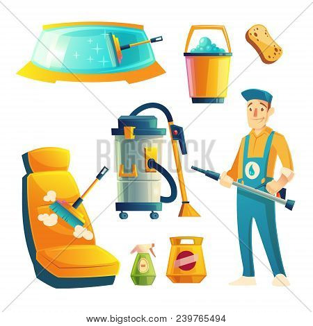 Vector Set Of Manual Car Washing Service With Cartoon Character. Automobile Service With Guy For Cle