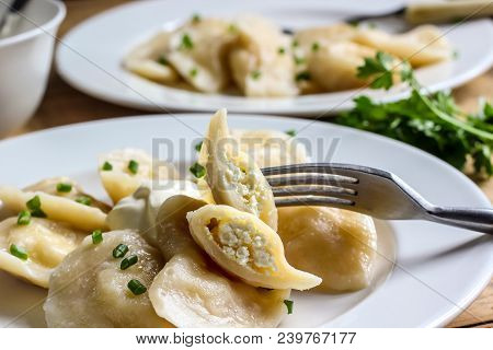 Russian, Ukrainian Or Polish Dish: Varenyky, Vareniki, Pierogi, Pyrohy. Dumplings, Filled With Cotta
