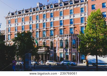Dublin, Ireland - May 6th, 2018: Exterior Of The Shelbourne Hotel In Dublin City Centre
