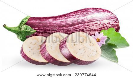 Aubergine or eggplant with aubergine flower and leaves on white background.