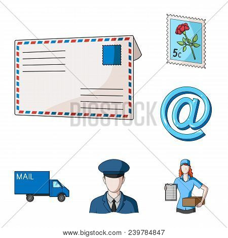 Mail And Postman Cartoon Icons In Set Collection For Design. Mail And Equipment Vector Symbol Stock 