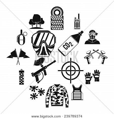 Paintball Icons Set In Simple Style. Airsoft Equipment Set Collection Vector Illustration