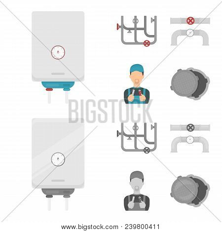 Boiler, Plumber, Ventils And Pipes.plumbing Set Collection Icons In Cartoon, Monochrome Style Vector