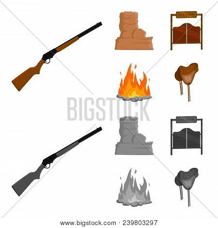 Winchester, Saloon, Rock, Fire.wild West Set Collection Icons In Cartoon, Monochrome Style Vector Sy