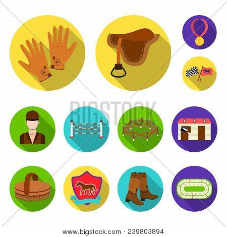 Hippodrome And Horse Flat Icons In Set Collection For Design. Horse Racing And Equipment Vector Symb