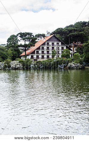 Park Black Lake City Gramado Brazil Araucaria Tree Vegetation Building Architecture