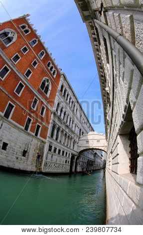Ancient Bridge Of Sighs And Old Ducal Palace Photographed By Fish Eye Lens In Venice Italy