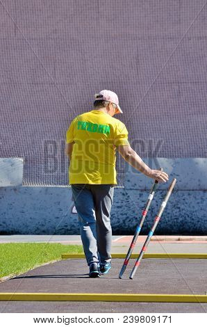 Saint-petersburg.russia. May.06.2018.gorodki - A Russian Folk Sports Game. In This Game You Need Spe