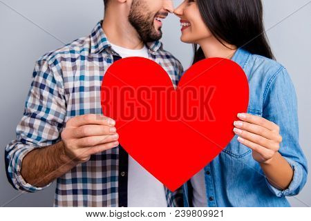 Cropped Close Up Portrait Of Red Paper Heart With Profile Half Face Smiling Couple, Nose To Nose, Fa