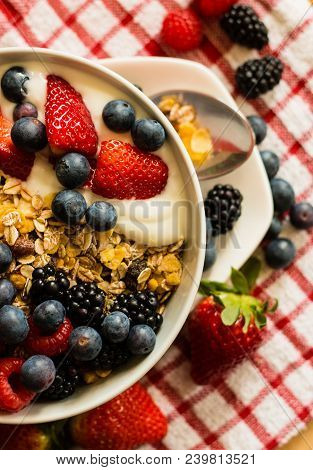 Healthy Breakfast Concept With Oat Flakes On Tablecloth