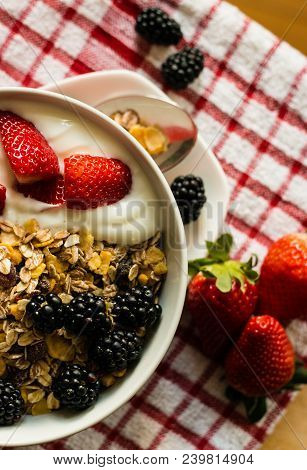 Healthy Breakfast Concept With Oat Flakes On Tablecloth