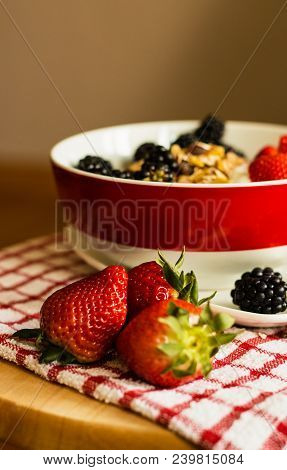 Healthy Breakfast Concept With Oat Flakes On Tablecloth
