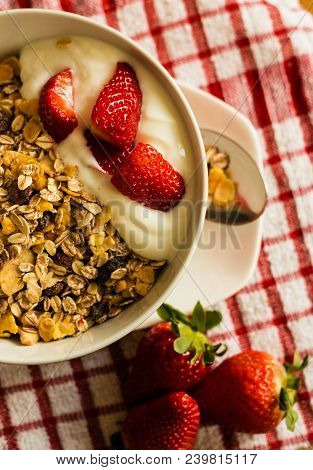 Healthy Breakfast Concept With Oat Flakes On Tablecloth
