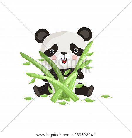 Cute Panda Sitting On Floor And Holding Green Bamboo Sticks. Cartoon Character Of Black And White Be