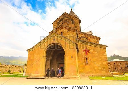 Mtskheta, Georgia - April 28, 2017: Priests Entering Svetitskhoveli Cathedral Located In The Histori