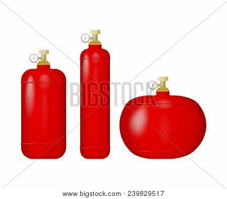 Set Of Red Cylinders With Liquefied Gas. Vector Illustration Of An Lpg. Methane, Propane, Butane, Na