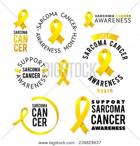 Vector Calligraphy Logo Set. Yellow Awareness Ribbons Of Sarcoma Cancer Vector Illustration.