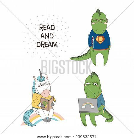 Hand Drawn Vector Illustration Of A Cute Funny Cartoon Unicorn Reading A Book, Dragons In Glasses, W