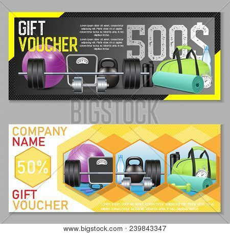 Fitness Gift Voucher Vector Template Set. Gift Certificate, Discount Coupon, Voucher Mockup Set For 