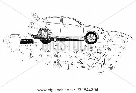 Cartoon Stick Man Drawing Conceptual Illustration Of Man Repairing Broken Car And Founding Beauty Of