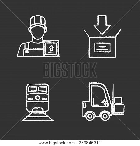 Cargo Shipping Chalk Icons Set. Delivery Service. Loader Man, Parcel Packing, Train, Forklift. Isola