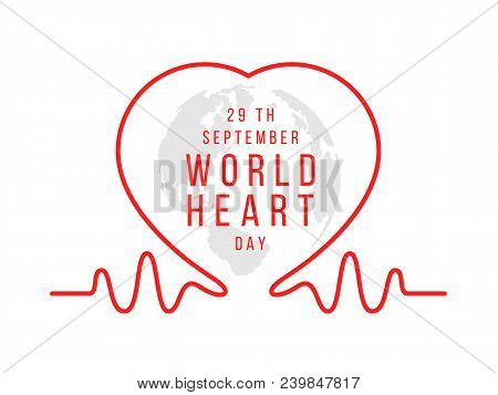 World Heart Day Sign With Red Line Heart Waves And World Map Sign Vector Design