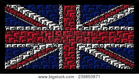 Great Britain Flag Concept Combined Of Pistol Gun Elements On A Dark Background. Vector Pistol Gun I