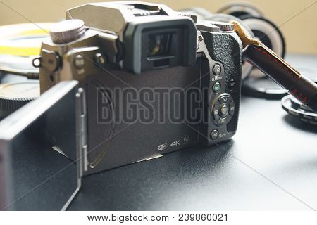 Bishek, Kyrgyz Republic - April 24,2018: Photo Of Panasonic Lumix G7 Mirrorless Camera With Digital 