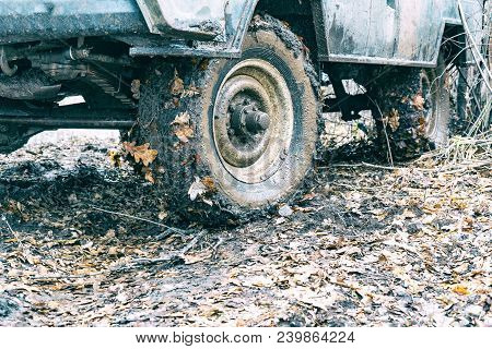 Dirty Wheels Off-road Car Background Of Fallen Autumn Leaves