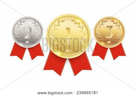Gold, Silver And Bronze Medals, Championship Awards With Red Ribbons.