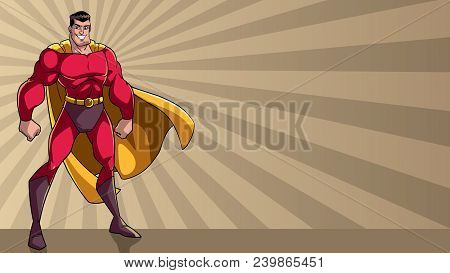 Smiling Superhero Standing Tall On Abstract Ray Light Background With Copy Space.