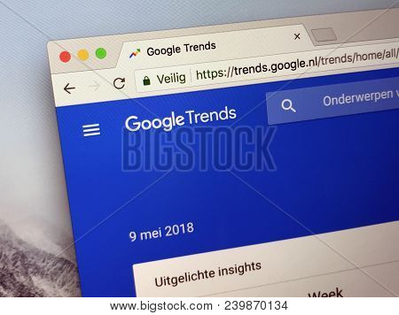 Amsterdam, Netherlands - May 9, 2018: Website Of Google Trends, A Web Facility That Shows How Often 