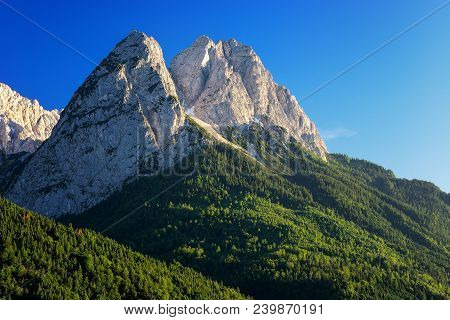 Detailed View At Mountain Peak Waxenstein. Summer Day Near Garmisch Partenkirchen. Bavaria Germany.