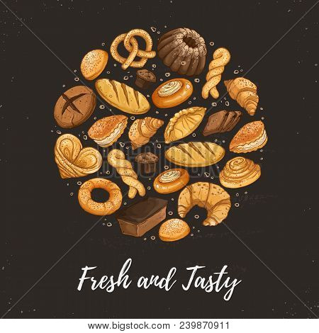 Circle Shape Composition From Hand Drawn Bread In Sketch Style. Vector Illustration For Bakery Shops
