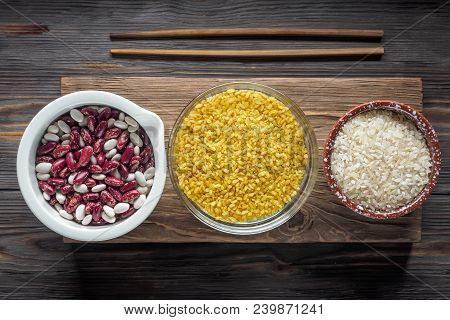 Set Traditional Organic Vegan Ingredient Super Food In Middle East Asian Cooking Cereals Mix Red And