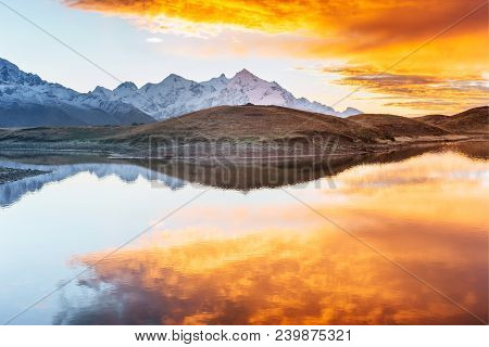 Mountain Lake. Beautiful Sunrise. Morning Landscape. Koruldi Lake. Main Caucasian Ridge. Svaneti Geo