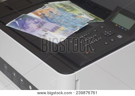 Printer And Swiss Francs, Currency Of Switzerland Close Up