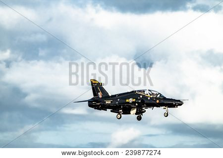 Anglesey , Wales - April 26 2018 : British Aerospace Hawk T.2 Landing At Anglesey Raf Valley Airport