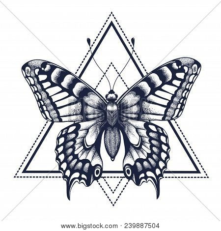 Butterfly Tattoo. Dotwork Tattoo. Graphic Arts. Butterfly In Triangle, Geometry. Mystical Symbol Of 