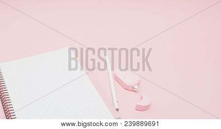 Notebook, White Sheet, Pencil, Proofreader Pink Background Instagram Concept