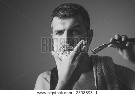 Fashion And Beauty, Innovation. Haircut Of Bearded Man, Archaism. Serious Hipster In Barbershop, New
