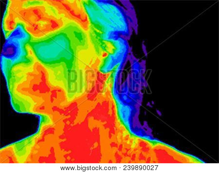Thermographic Image Photo Of The Left Side Of The Face Of A Woman With Her Head Tilted And Her Neck 