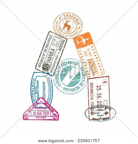 Letter A Made Of International Passport Stamps On A White Background. Isolated.