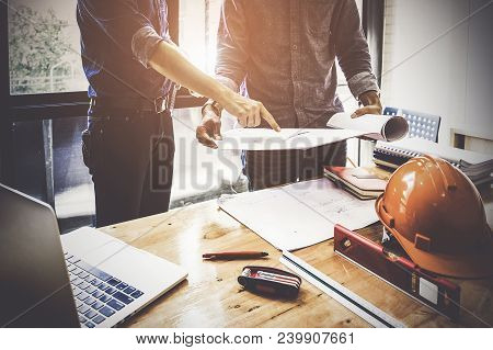 Two Architect Man Working With Compasses And Blueprints For Architectural Plan, Engineer Sketching A