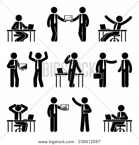 Stick Figure Business Man Icon Set. Vector Illustration Of Male At Workplace Isolated On White