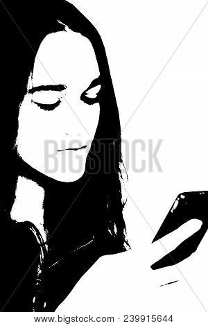 Black And White Vertical Portrait Of Young Girl With A Smartphone In Hand. Young Girl Beautiful Graf