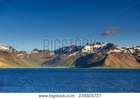 Mountains And Volcanic Lava Sand Dunes By The Sea In Stokksness, Iceland. The Brown Bushes Are Laven