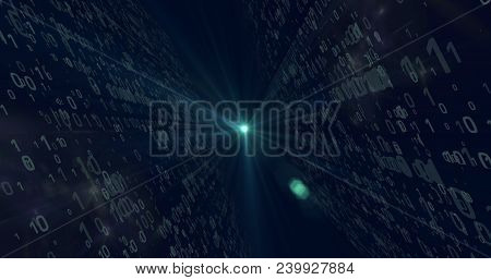 Digital Technology Concept. Cyan And Blue Binary Code Flying From Light Source In Background. Light 