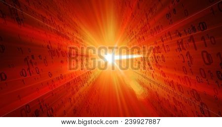Digital Technology Concept. Fiery Red Binary Code Flying From Light Source In Background. Light Rays